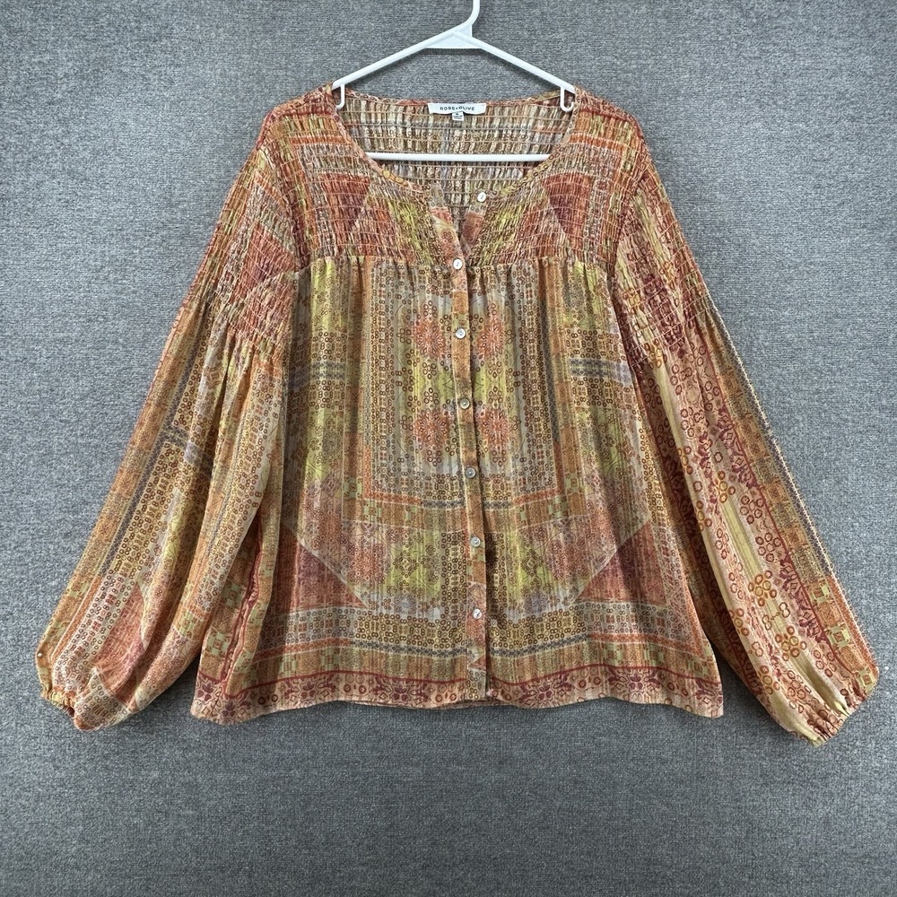 Rose + Olive Top Blouse Women Sz Medium Bohemian Orange Yellow Geometric Print